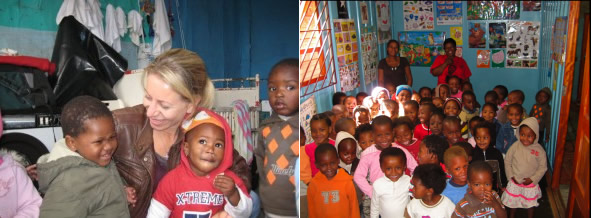 Amanda with some of the children at the Mzamomhle creche before rebuilding began. And the happy children in their new classroom (right).