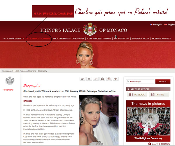 HSH Princess Charlene now features prominently on the Palace of Monaco's Website