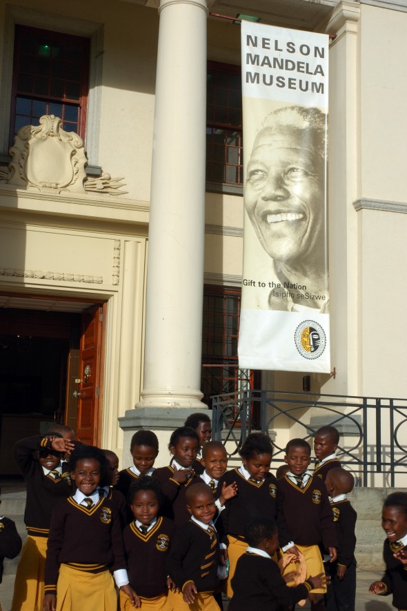 Schoolchildren  outside the Nelson Mandela  Museum.