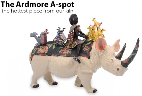 This piece pays tribute to Ardmore's first artist Bonnie Ntshalintshali. Here she is depicted as a Zulu maiden riding a black rhino. (Image: Ardmore Ceramics)