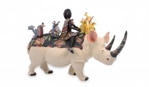 This piece pays tribute to Ardmore's first artist Bonnie Ntshalintshali. Here she is depicted as a Zulu maiden riding a black rhino. (Image: Ardmore Ceramics) 