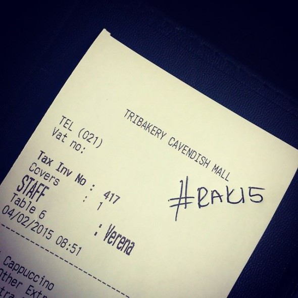 Brent Lindeque - "This is what #RAK15 is all about...someone paid for this person's meal & left this in on the bill."