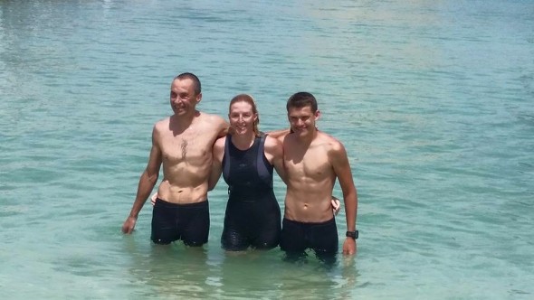 Photo: Linda Mensova. All three swimmers at the finish line.