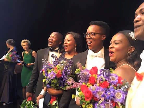 Winner Levy Sekgapane and fellow South Africans on stage in Amsterdam on Saturday night.