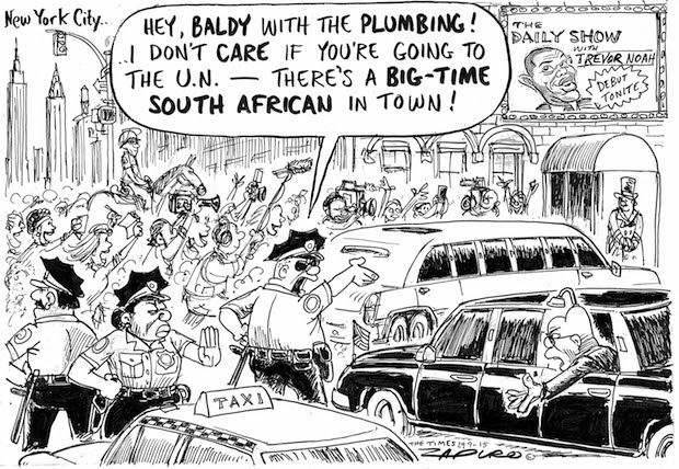 Zapiro cartoon - Zuma and Trevor Noah in New York