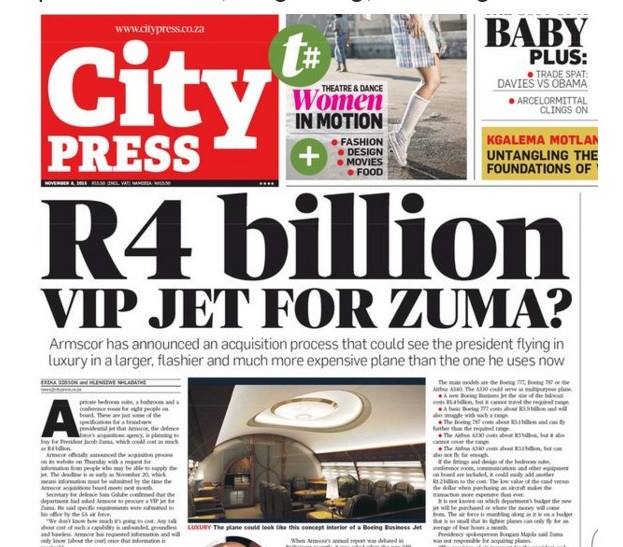 Zuma's possible jet makes news headlines