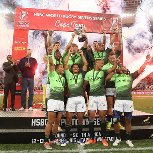 CAPE TOWN, SOUTH AFRICA - DECEMBER 13: South Africa celebrates during day 2 of the HSBC Cape Town Sevens in the final game between South Africa and Argentina at Cape Town Stadium on December 13, 2015 in Cape Town, South Africa. (Photo by Carl Fourie/Gallo Images)