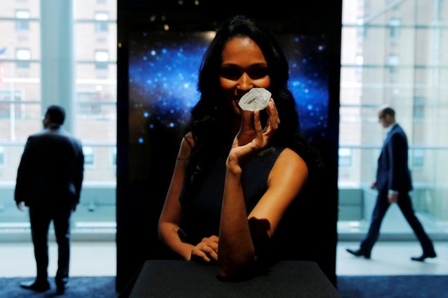 A model displays the 1109 carat "Lesedi La Rona" diamond at Sotheby's in the Manhattan borough of New York, U.S., May 4, 2016. REUTERS/Lucas Jackson