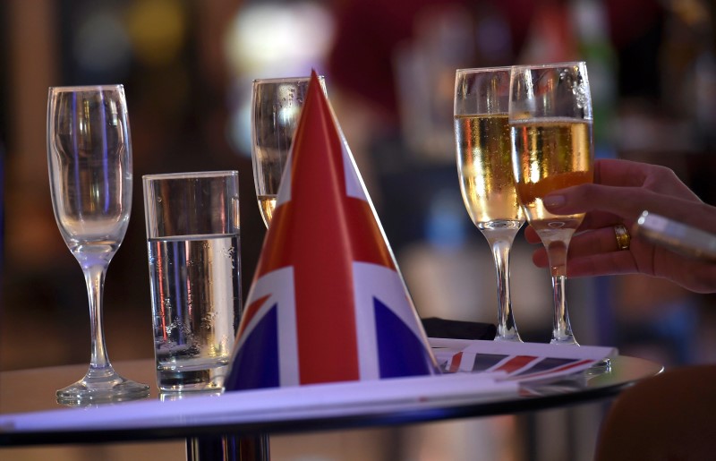 A union flag paper hat an champagne flutes are seen ona table at a Leave.eu party after polling stations closed in the Referendum on the European Union in London, Britain, June 23, 2016.  REUTERS/Toby Melville