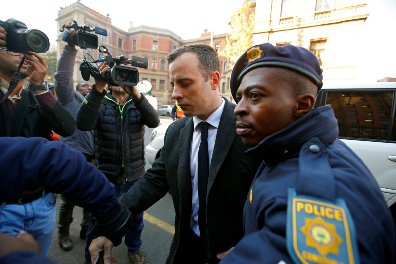 Olympic and Paralympic track star Oscar Pistorius arrives for sentencing at the North Gauteng High Court in Pretoria, South Africa, July 6, 2016. REUTERS/Mike Hutchings - RTX2JW6M