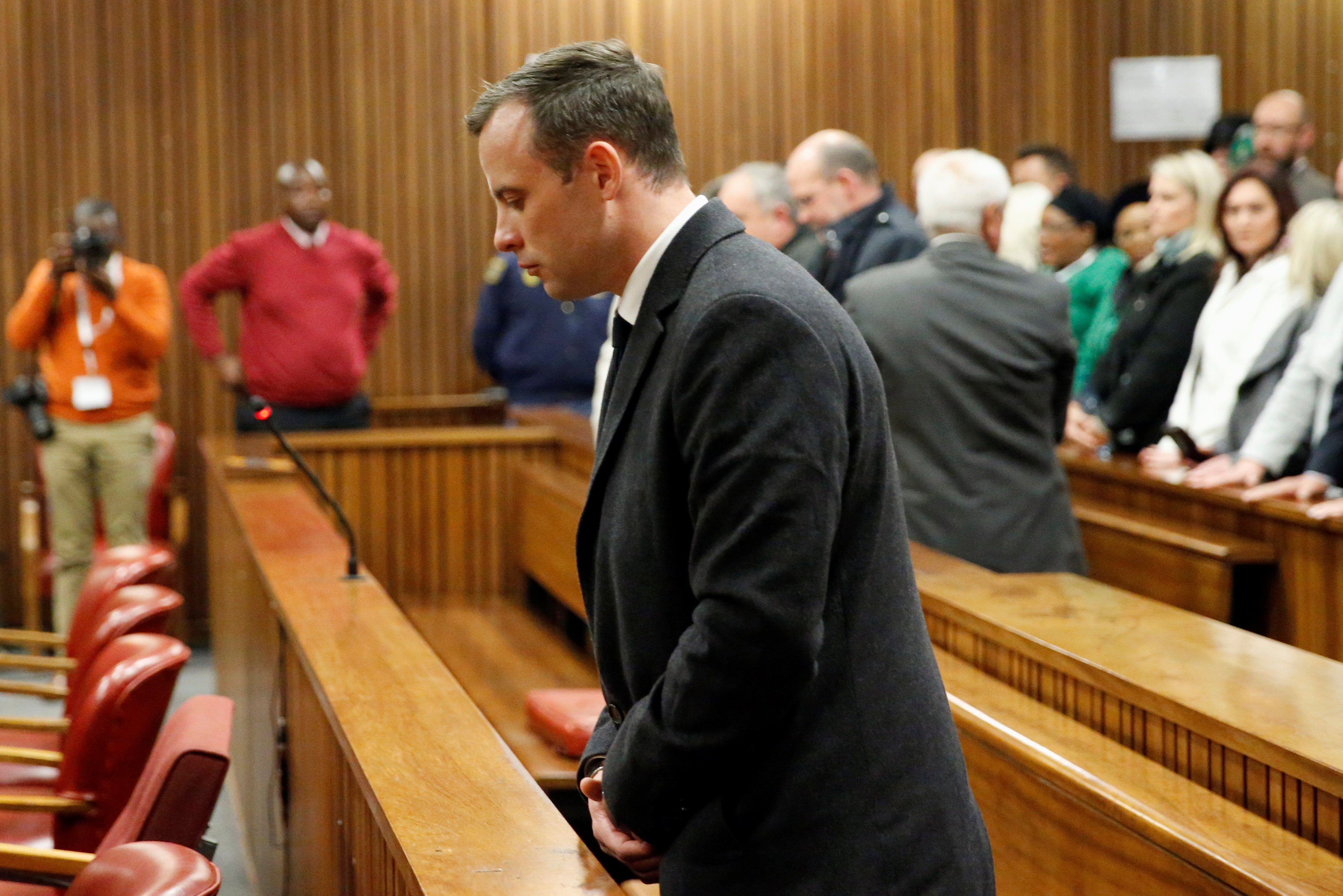 Olympic and Paralympic track star Oscar Pistorius reacts at his sentence hearing at the North Gauteng High Court in Pretoria, South Africa, July 6, 2016. REUTERS/Marco Longari/Pool
