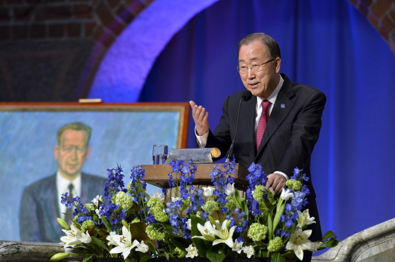UN Secretary General Ban Ki-moon holds a speech in honor of Dag Hammarskjold at the City Hall in Stockholm
