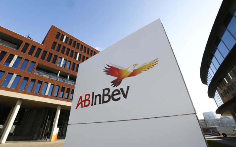 The logo of Anheuser-Busch InBev is pictured outside the brewer's headquarters in Leuven, Belgium February 25, 2016. REUTERS/Yves Herman