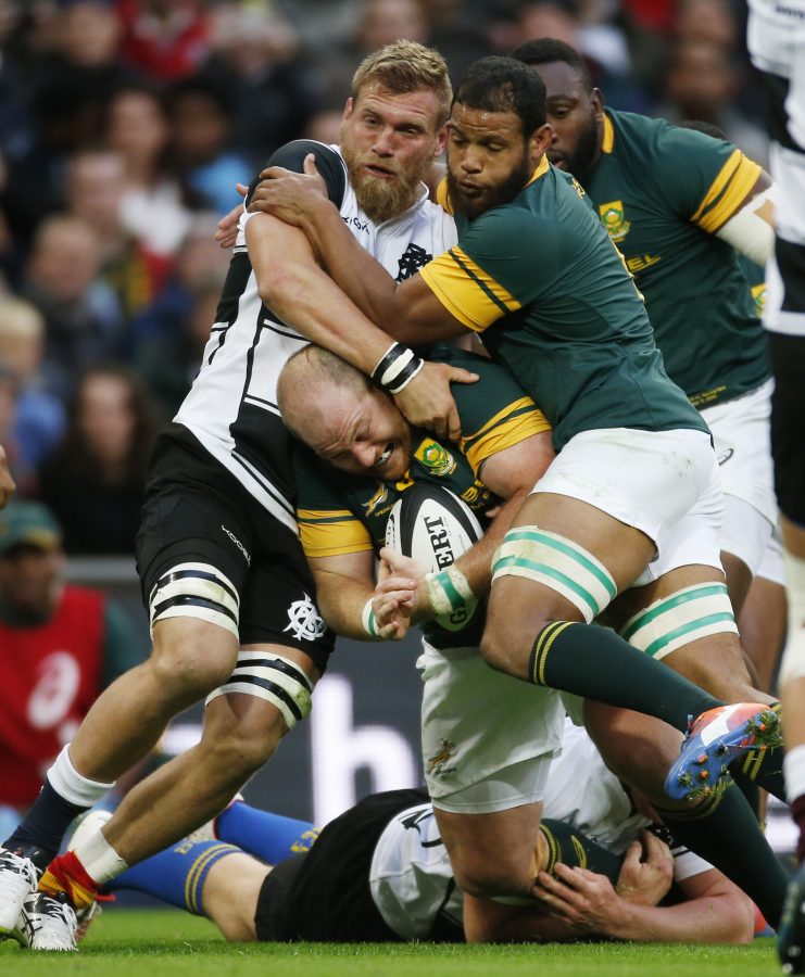 Britain Rugby Union - Barbarians v South Africa - The Killik Cup - Wembley Stadium - 5/11/16 South Africa's Lourens Adriaanse is tackled by Barbarians' Brad Shields (left) Action Images via Reuters / Paul Childs Livepic 