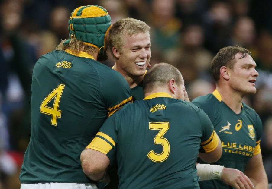 Britain Rugby Union - Barbarians v South Africa - The Killik Cup - Wembley Stadium - 5/11/16 South Africa's Pieter-Steph Du Toit celebrates with his teamates after he scores a try Action Images via Reuters / Paul Childs Livepic 