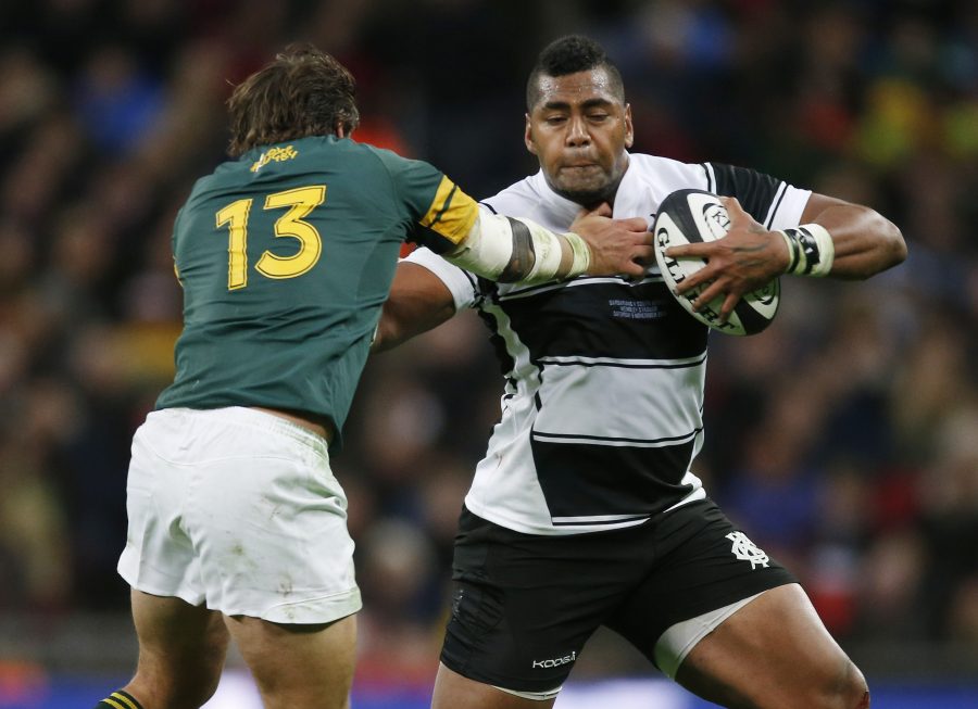Britain Rugby Union - Barbarians v South Africa - The Killik Cup - Wembley Stadium - 5/11/16 Barbarians' Taqele Naiyaravoro is tackled by South African's Francois Venter Action Images via Reuters / Paul Childs Livepic EDITORIAL USE ONLY.