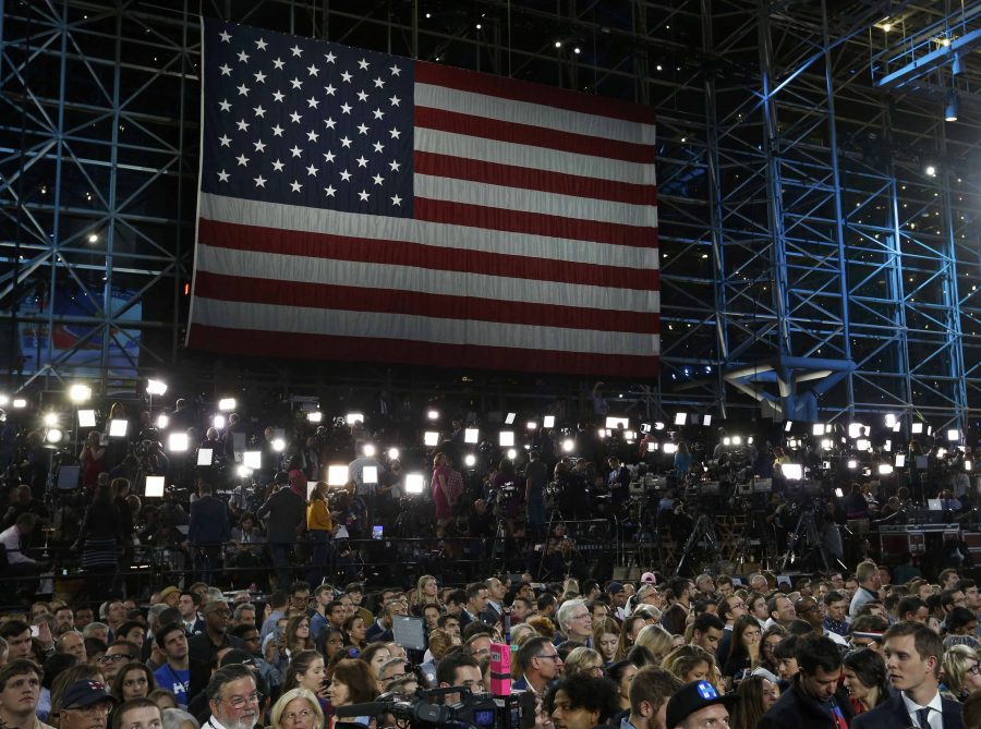 A U.S. flag is seen at the election night rally for U.S. Democratic presidential nominee Hillary Clinton at the Jacob K. Javits Convention Center in Manhattan, New York, U.S., on November 8, 2016. REUTERS/Lucas Jackson