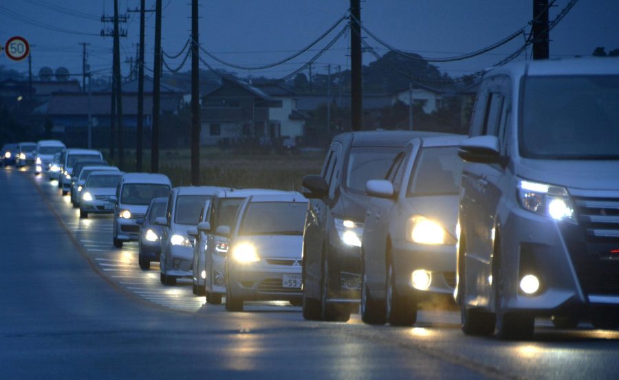 A traffic jam is seen as people evacuate after tsunami advisories were issued following an earthquake, in Iwaki, Fukushima prefecture, Japan, in this photo taken by Kyodo November 22, 2016. Mandatory credit Kyodo Kyodo/via REUTERS