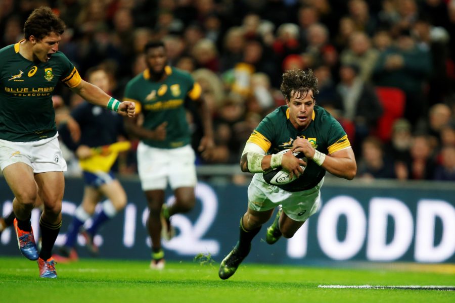 LONDON, ENGLAND - NOVEMBER 05: Francois Venter of South Africa scores a try during the Killik Cup match between Barbarians and South Africa at Wembley Stadium on November 5, 2016 in London, England. (Photo by Joel Ford/Getty Images)