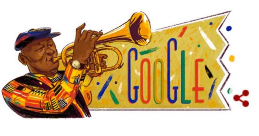 Google doodle screenshot. Honouring Hugh Masekela's 80th birthday.