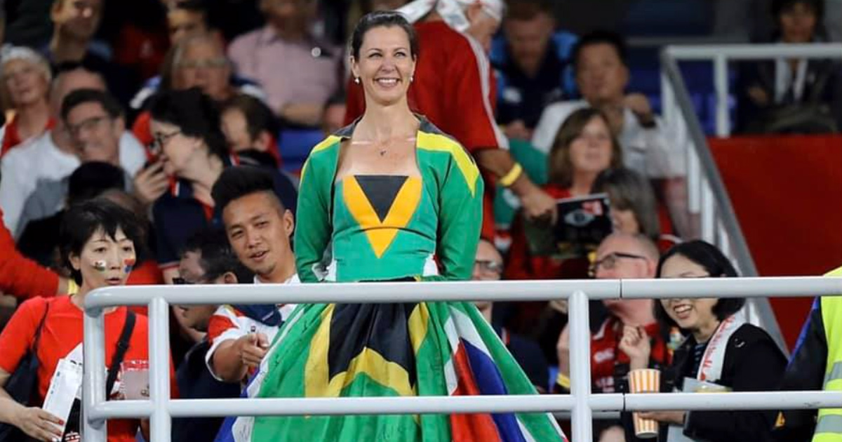 kirsten-teasdale-south-african-sa-flag-dress-springbok-fan at the rugby world cup