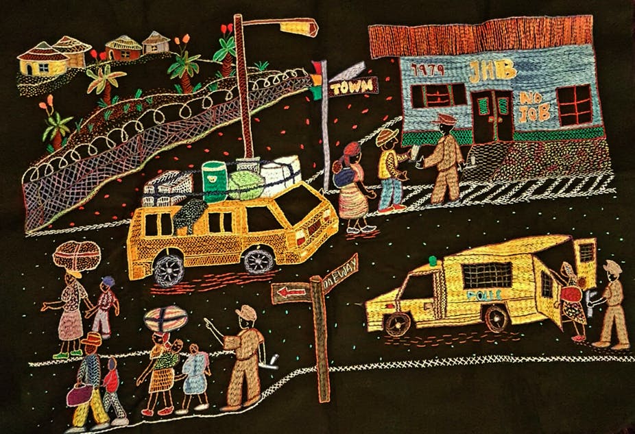 Embroidery by a woman who lived through traumas of apartheid. Puleng Segalo