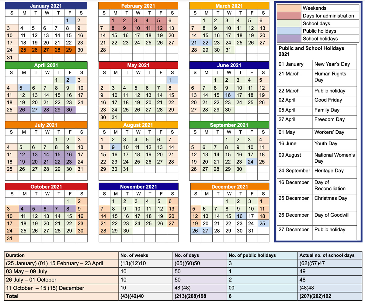 LATEST Amended School Calendar for 2021 for South African Learners