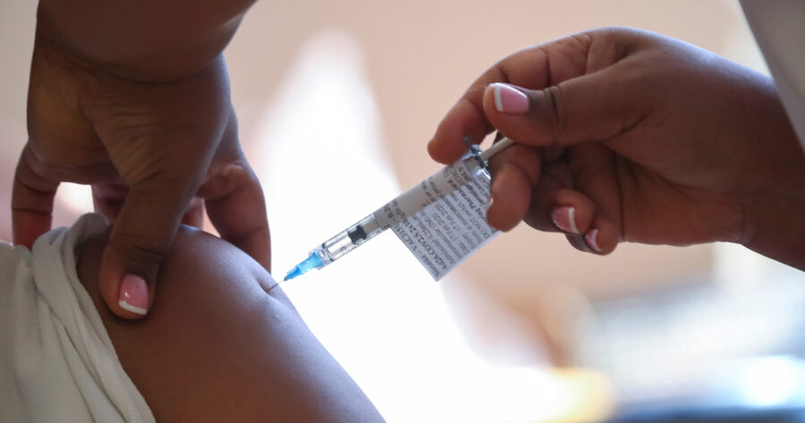 A healthcare worker receives the Johnson and Johnson coronavirus disease (COVID-19) vaccination at Khayelitsha Hospital near Cape Town. REUTERS/Mike Hutchings