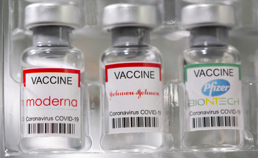 Vials labelled "Moderna, Johnson&Johnson, Pfizer - Biontech coronavirus disease (COVID-19) vaccine" are seen in this illustration picture. REUTERS/Dado Ruvic