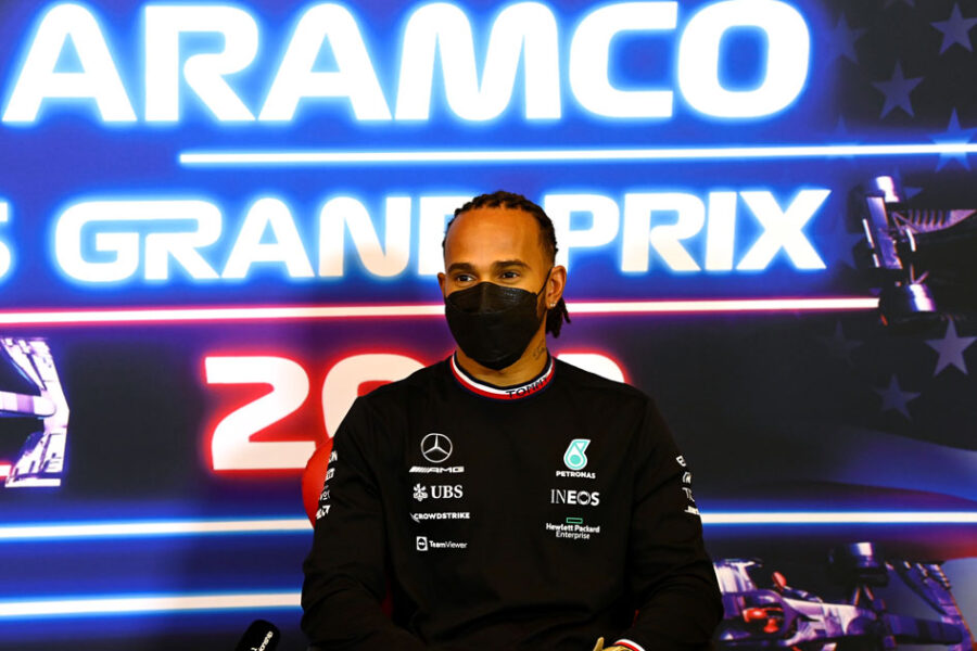 Formula One F1 - United States Grand Prix - Circuit of the Americas, Austin, Texas, U.S. - October 21, 2021 Mercedes' Lewis Hamilton during the press conference FIA/Handout via REUTERS