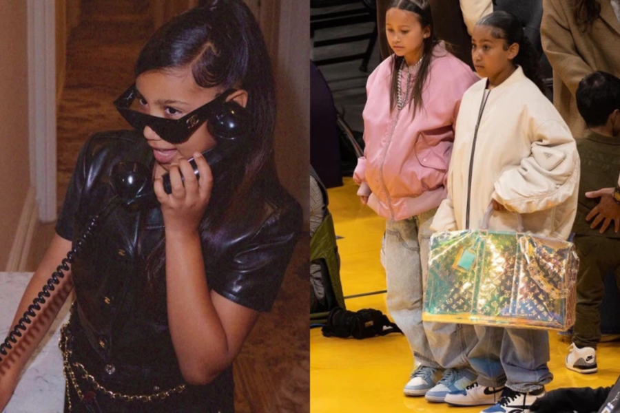 North West poses flexing Louis Vuitton bag while embarking from