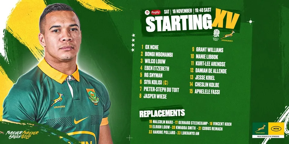 The Springbok team to face England.