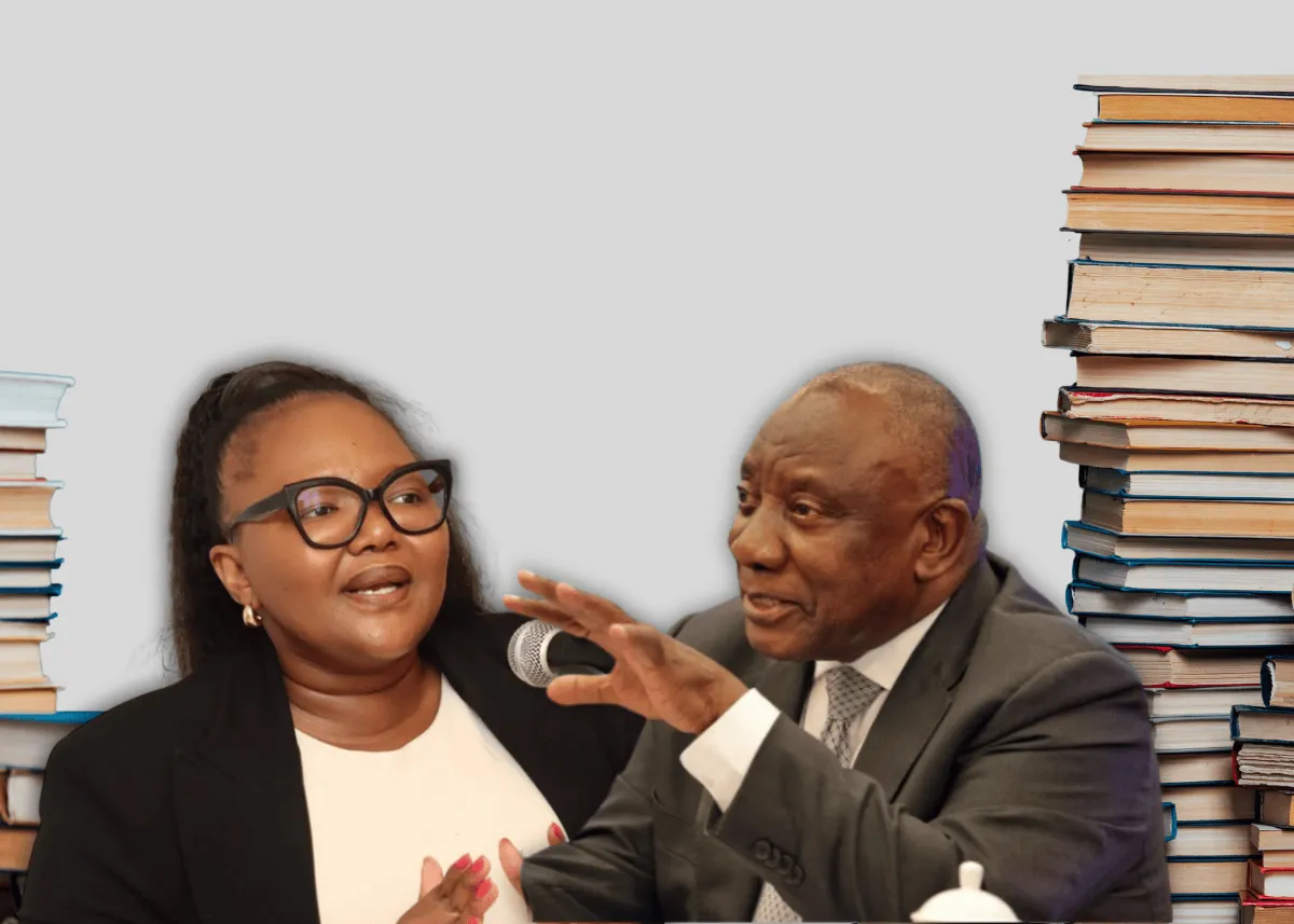 Illustration by Dee-dee Mathelela featuring photos of Minister Gwarube and President Ramaphosa sourced from X and stock photos from Canva