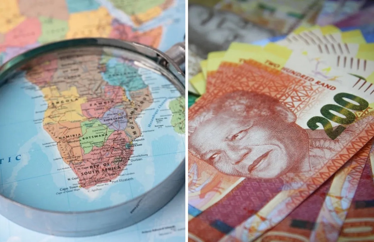 Custom image depicting South African map alongside ZAR, accompanying story about South Africa salaries