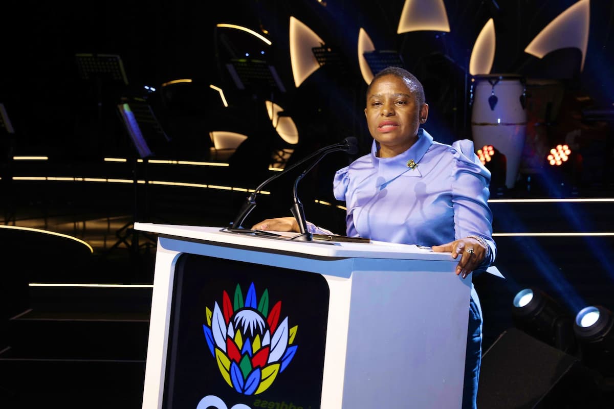 Khumbudzo Ntshavheni on the podium at the G20 Leaders Summit Reception Gala Dinner in Johannesburg. Image accompanies article about Cabinet not being concerned with the revocation of US visas