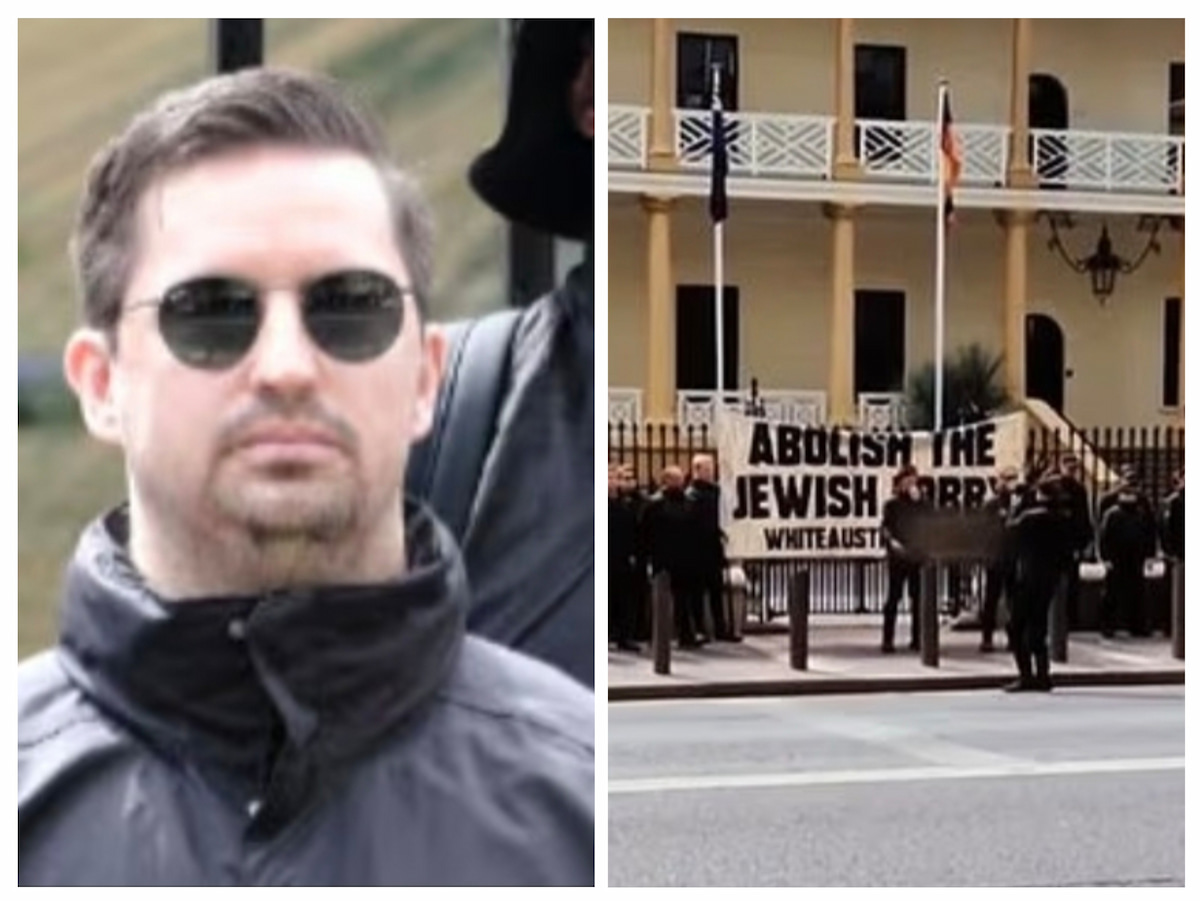 Composite photo of Matthew Gruter, left, and the neo-Nazi protest event he attended last week.