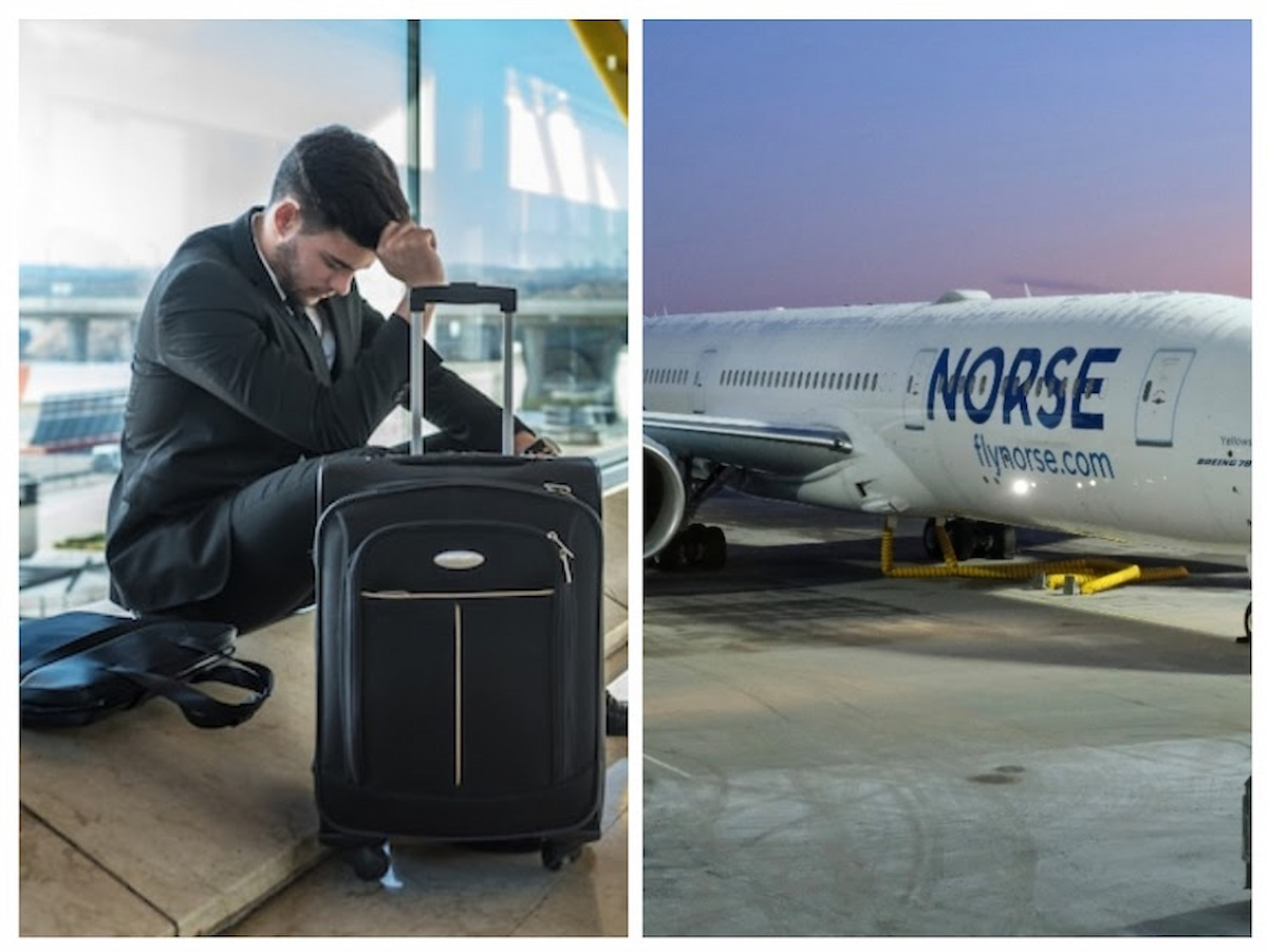 Composite image of a man frustrated at an airport, along with visual of Norse Atlantic jet