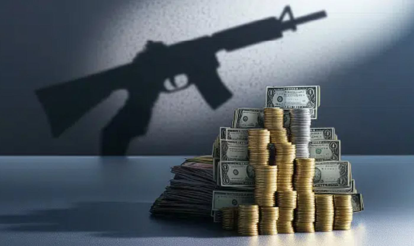 Stock image of a machine gun and a stack of money, depicting terror financing