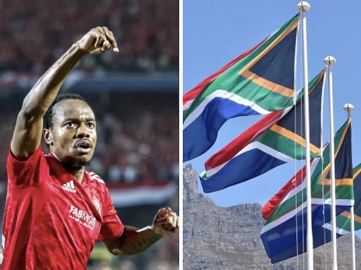 Composite image of Percy Tau celebrating a goal and South African flags flying high. This image accompanies a story about Percy Tau and South Africans abroad.