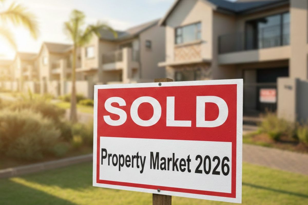 Image of a sold sign with the words 'sold, property market 2026' on it, in front of houses. Image : AI Generated