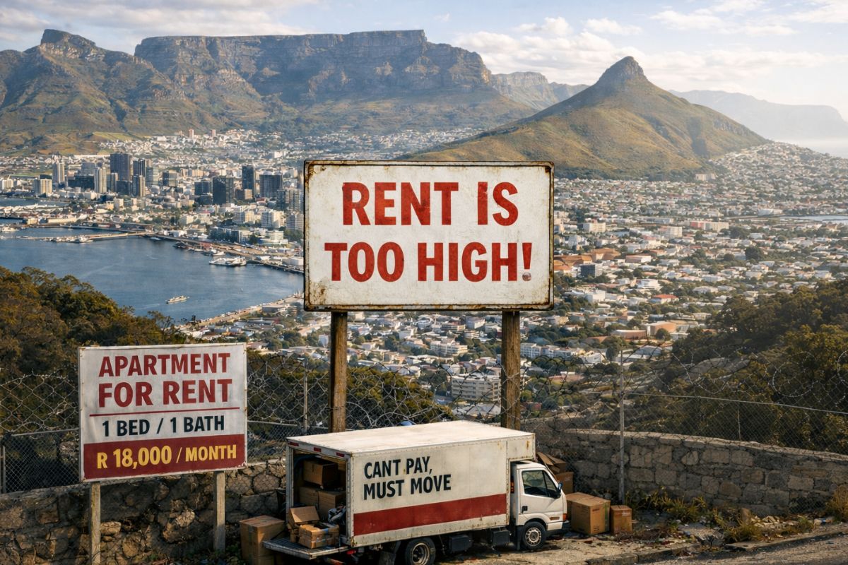 Image of Cape Town wit signs saying 'Rent is Too High'.