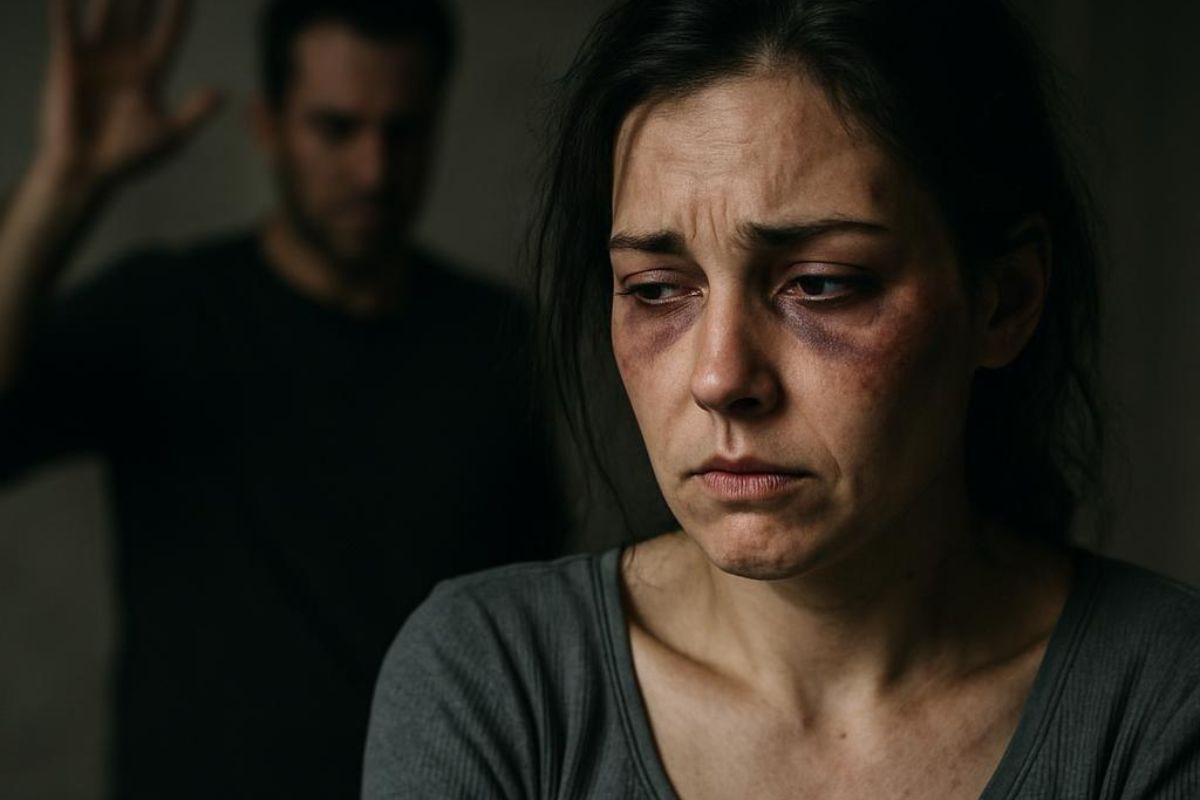 A lady that has been beaten up by a man.