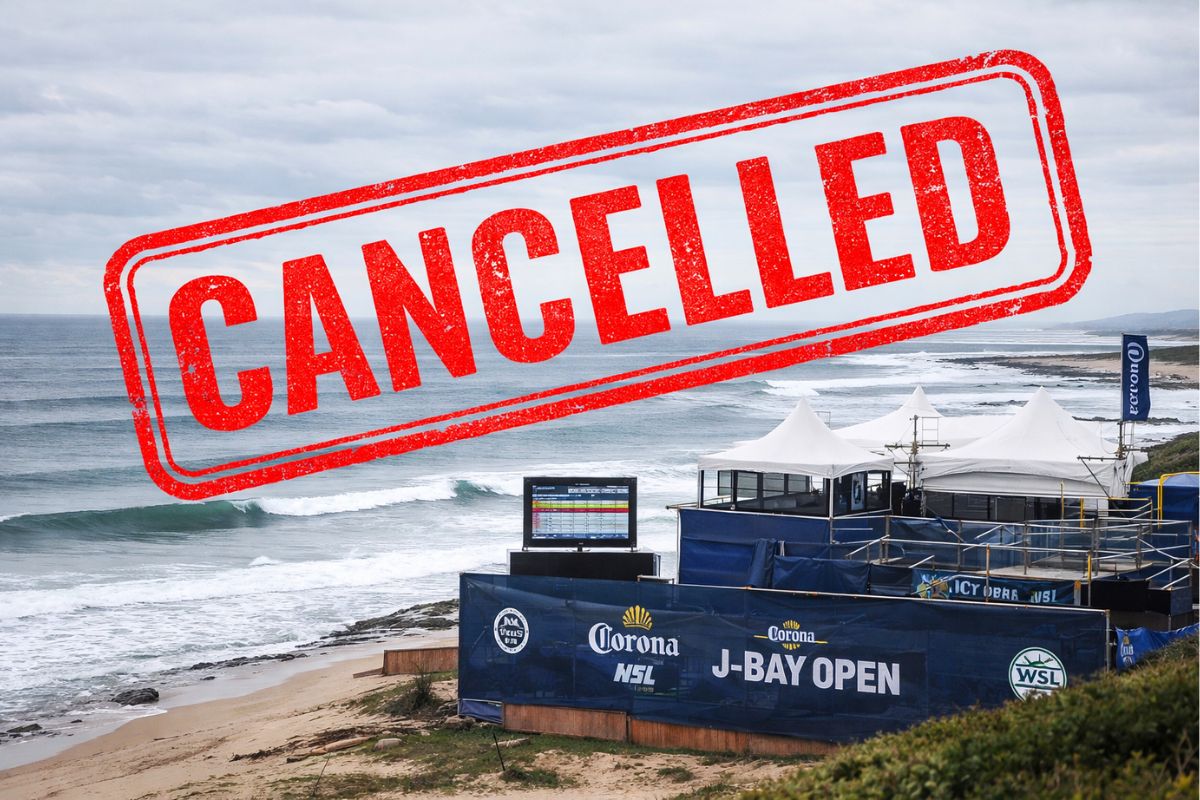 J-bay open cancelled. a picture of the Jeffreys Bay surf stands, with the word 'cancelled' over it.