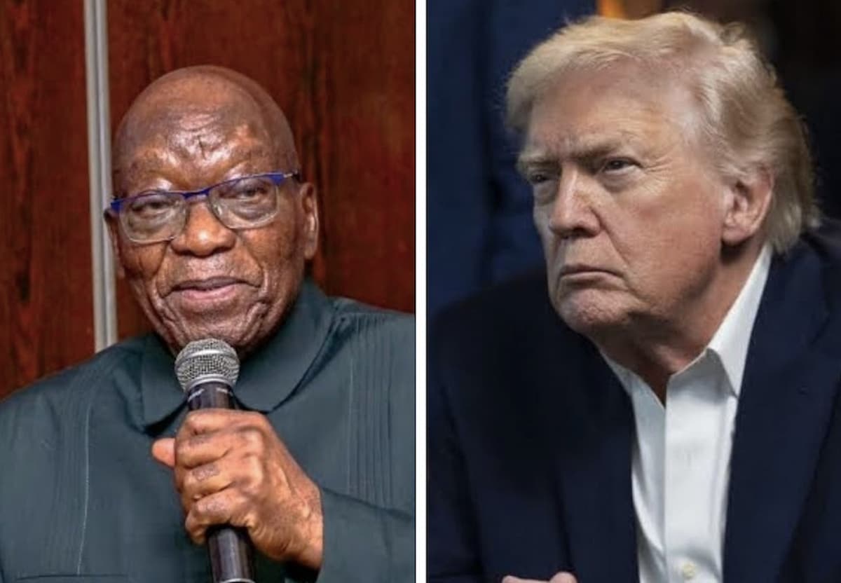 Customised image featured donald trump and jacob zuma, accompanying an article about the MK Party flip-flopping on the US president