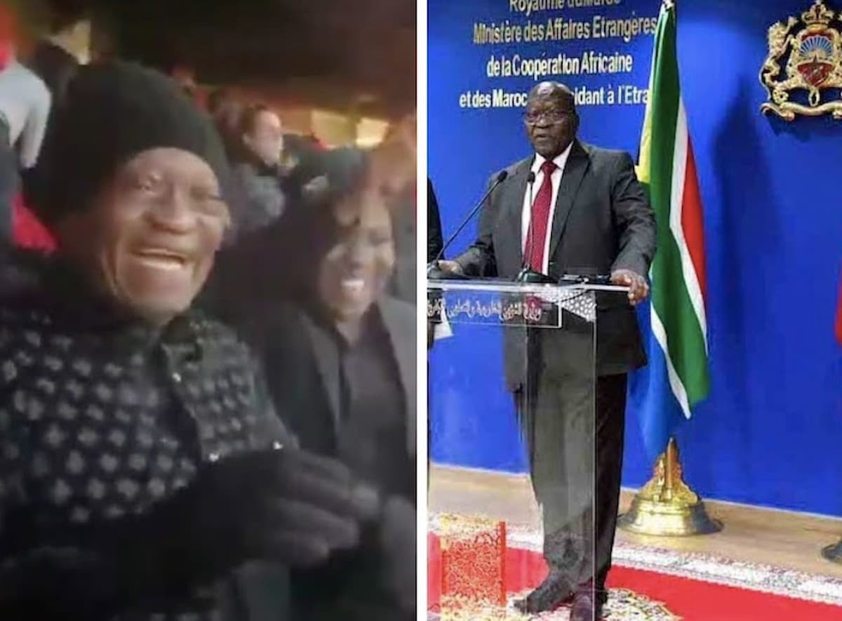 Customised, side-by-side image of Jacob Zuma dancing at Afcon in Morocco and another of him in Morocco at a podium