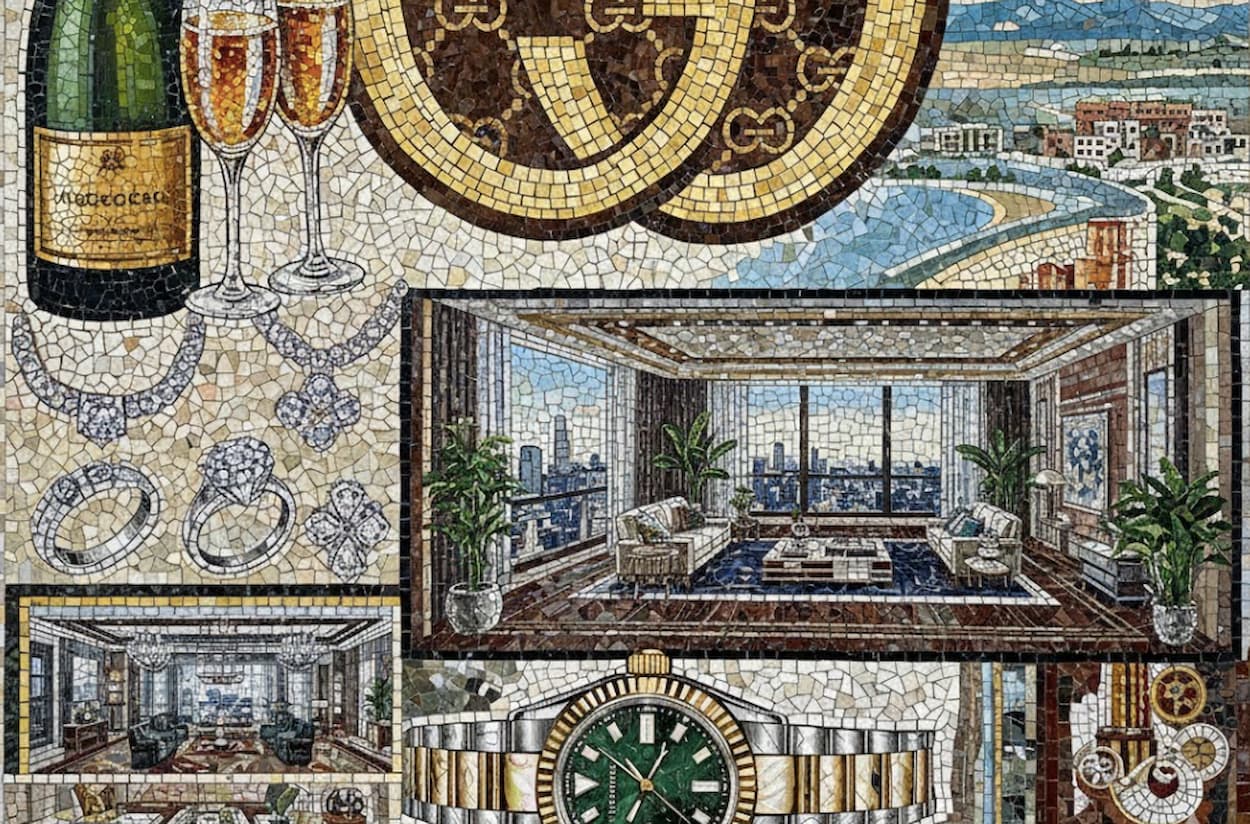 AI-generated image depicting luxury items such as champagne, gucci, jewellery, Rolex watch. This image accompanies an article that asks: 'Powerball jackpot: What would YOU do with tonight’s millions?'