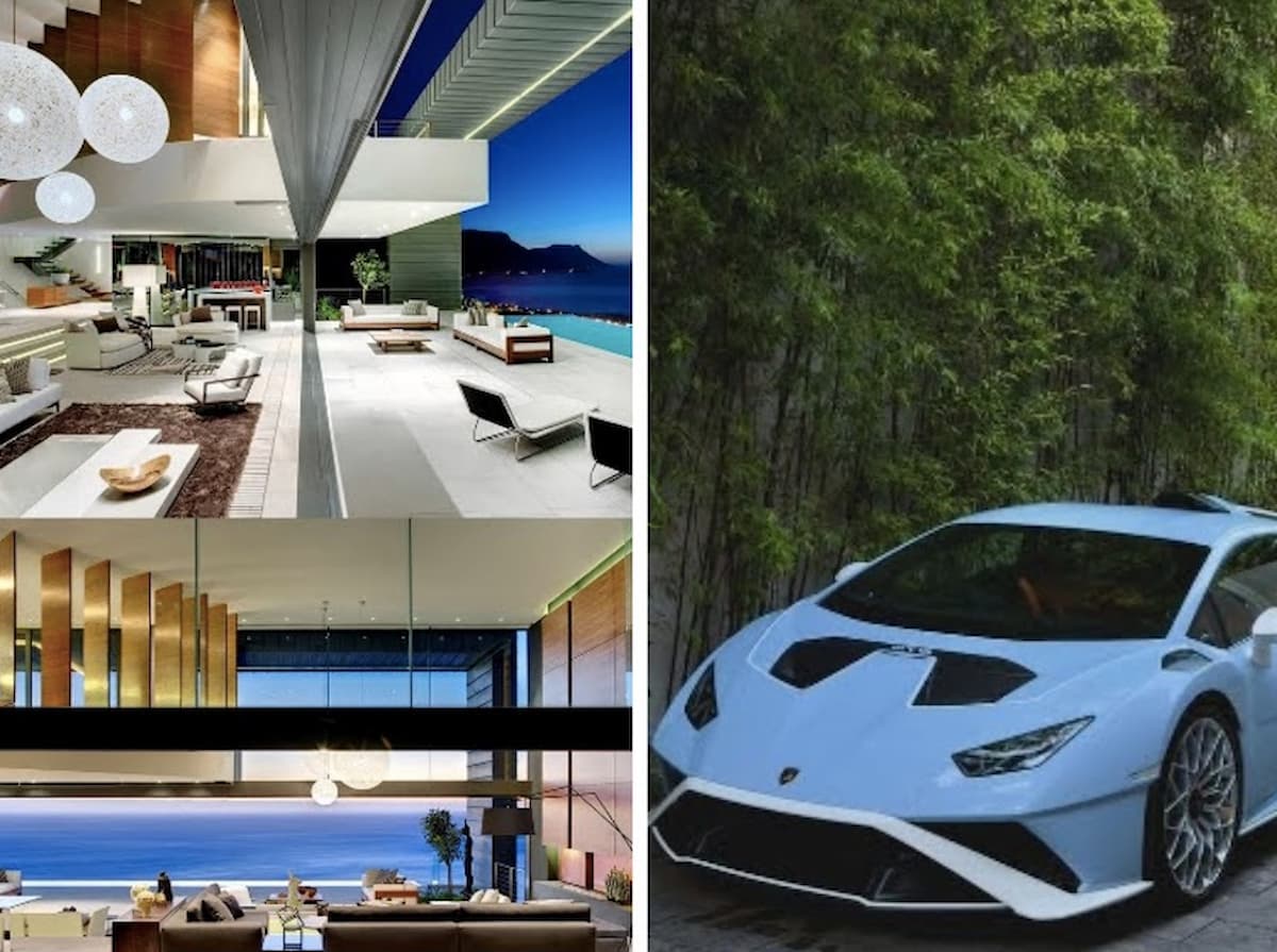 DJ Black Coffee's Clifton house and his Lamborghini Huracán STO. This customised image accompanies an article about the Powerball jackpot draw that's set for Friday 16 January 2026