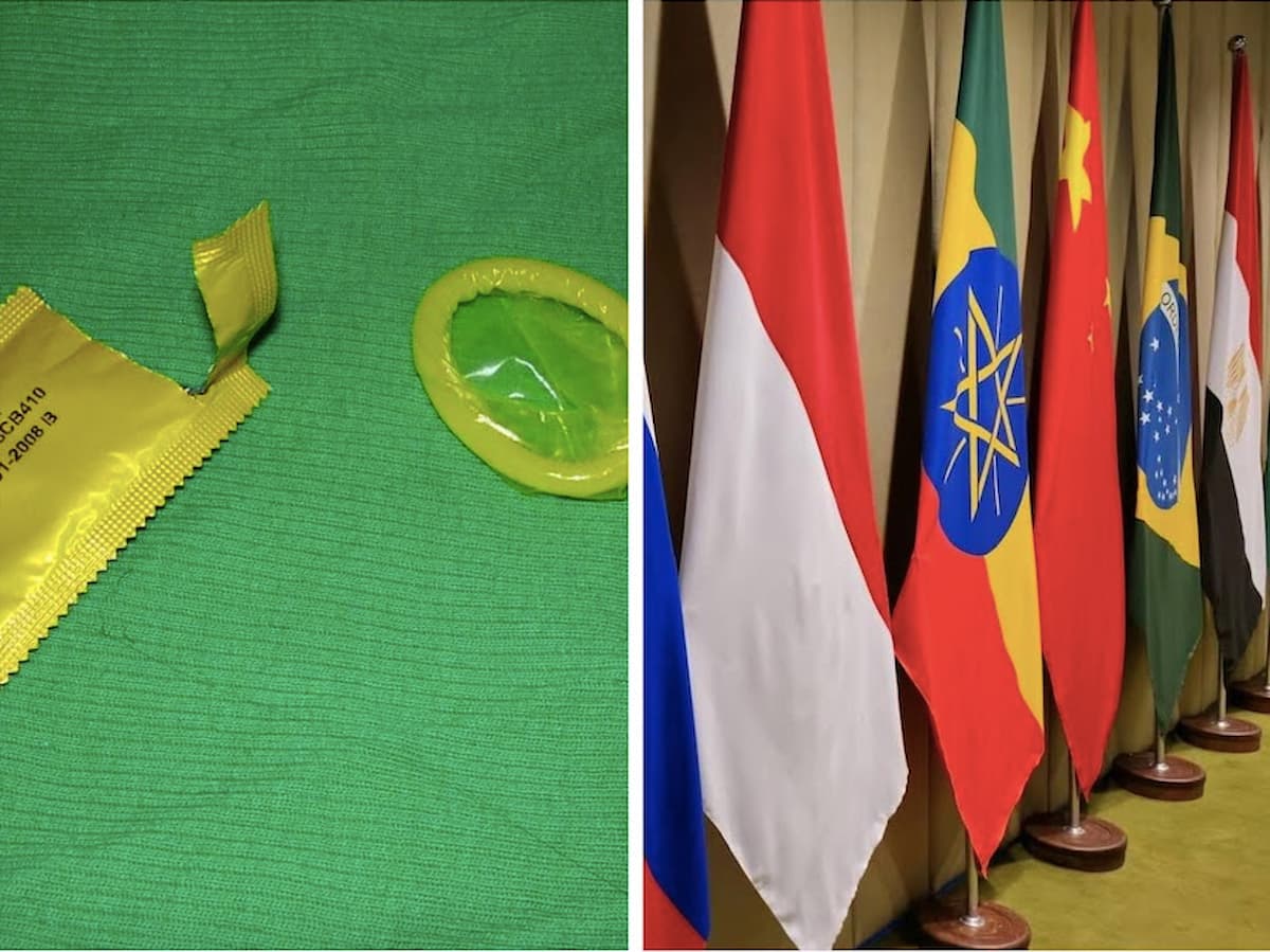 Collage of an unwrapped condom and BRICS country flags. This image accompanies an article about South Africa BRICs ally China introducing VAT on condoms