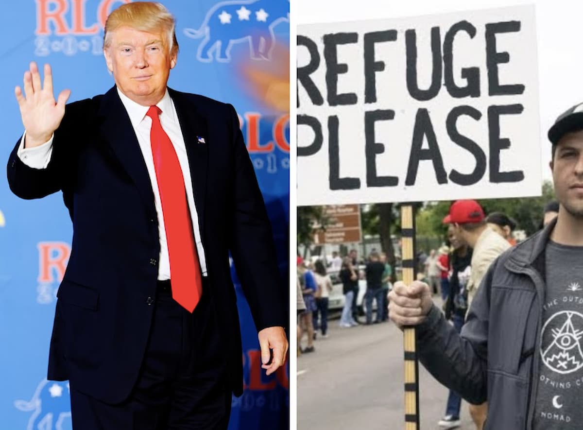 Customised, side-by-side image of donald Trump and an Afrikaner holding a 'refugees' sign