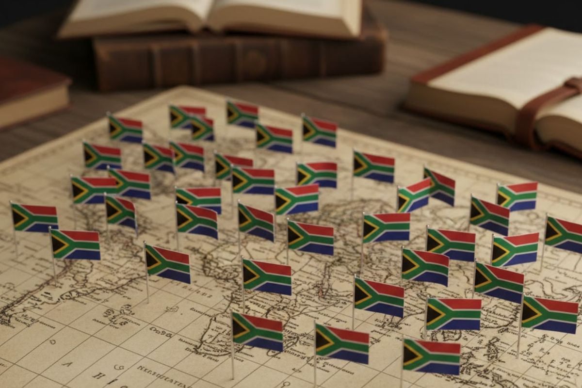 The world map with small South African flags placed all over, representing South African expacts.